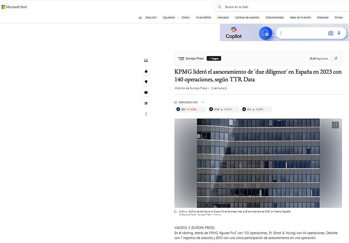 KPMG lider el asesoramiento de 'due diligence' en Espaa en 2023 con 140 operaciones, segn TTR Data